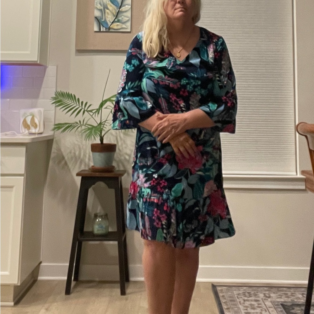 Chico's Summer Floral Turquoise Fuscia Graphic Mini Dress